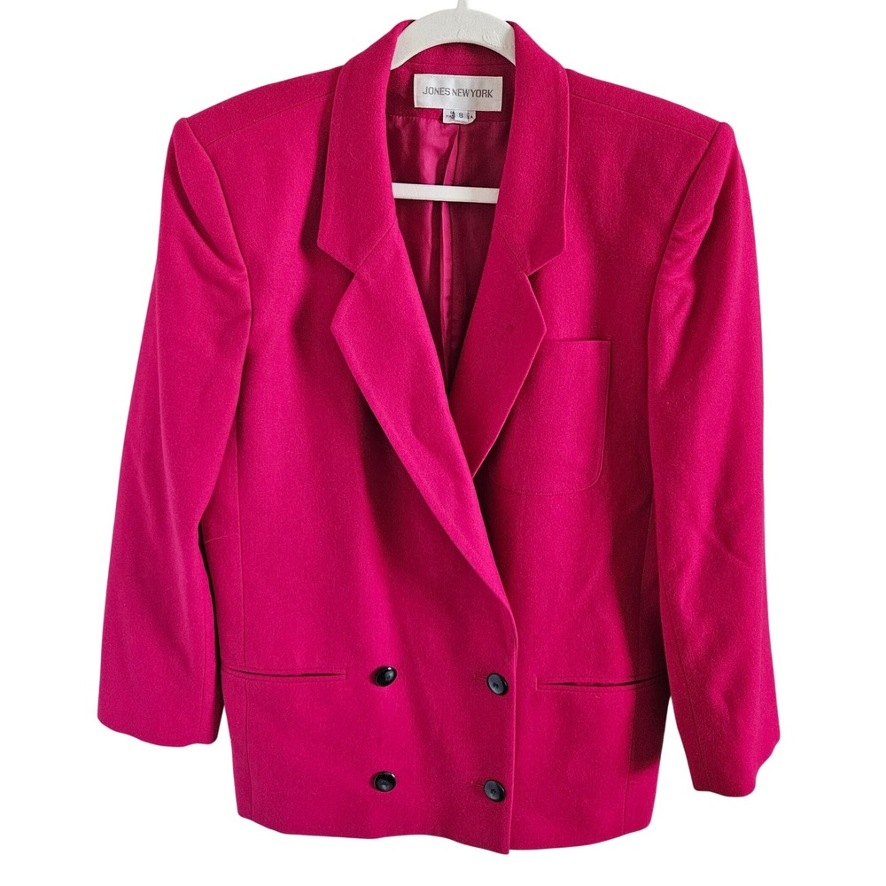 Jones New York Vintage Pink Wool Blazer Double Breasted Fuchsia Jacket Size 8